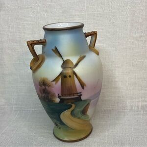 Antique Nippon Vase Windmill Scene Double Handle Hand Painted Morimura 4”
